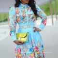 Spring Long Sleeve Floral Printed Chiffon 3XL Pleated Lady Casual Dress